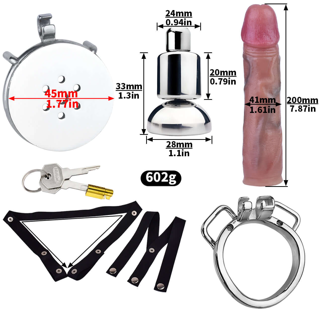 Metal flat chastity cage set featuring a large attached dildo, lock, keys, and straps for extreme restriction.
