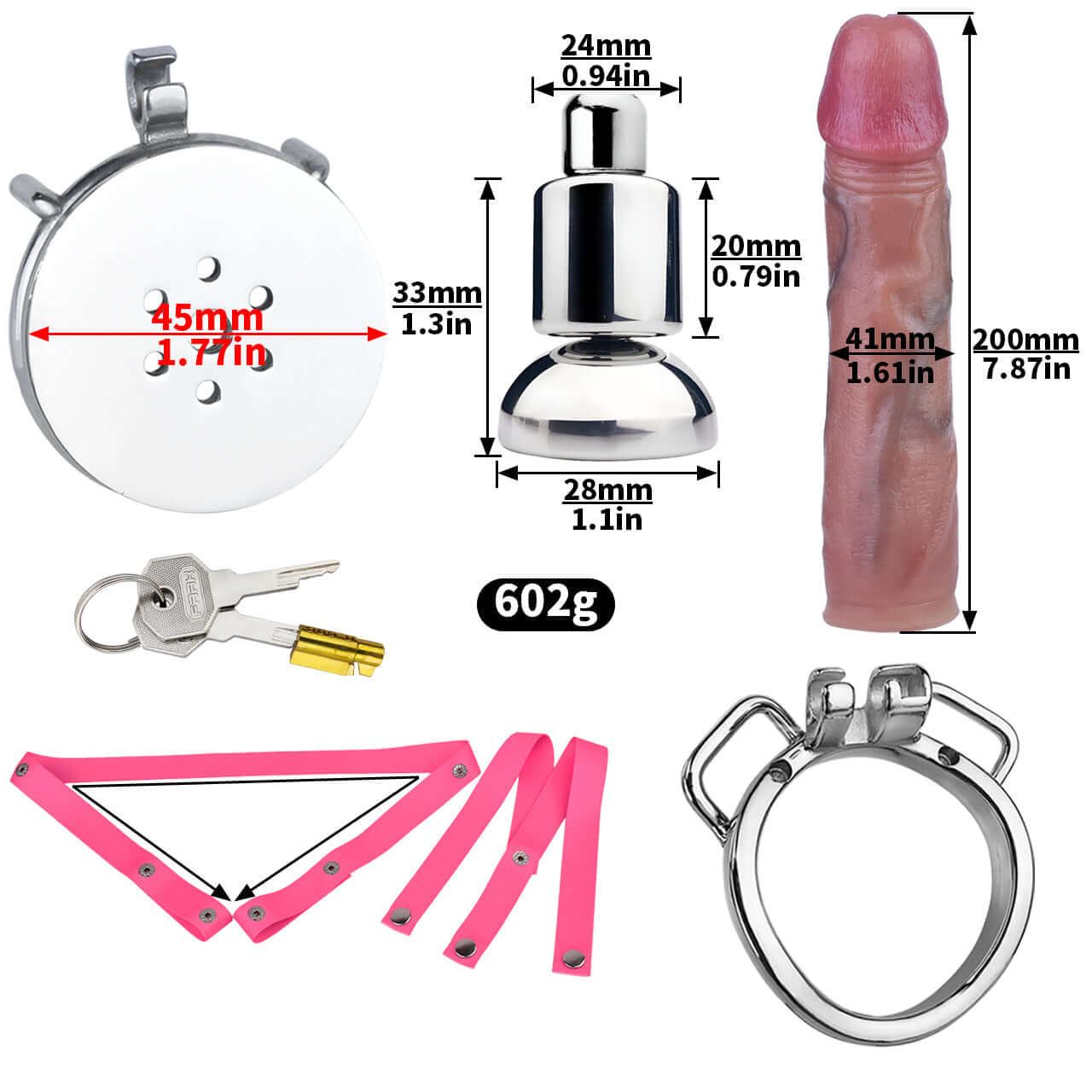 Flat metal chastity cage kit with large dildo, key, and bondage accessories, perfect for tease and denial.