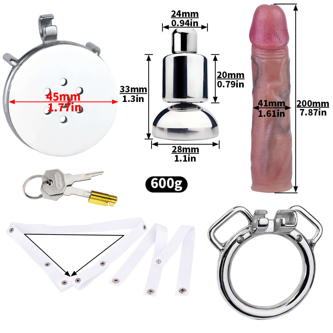 Flat metal chastity cage with attached dildo, hardware, and key, featuring detailed measurements for BDSM enthusiasts.