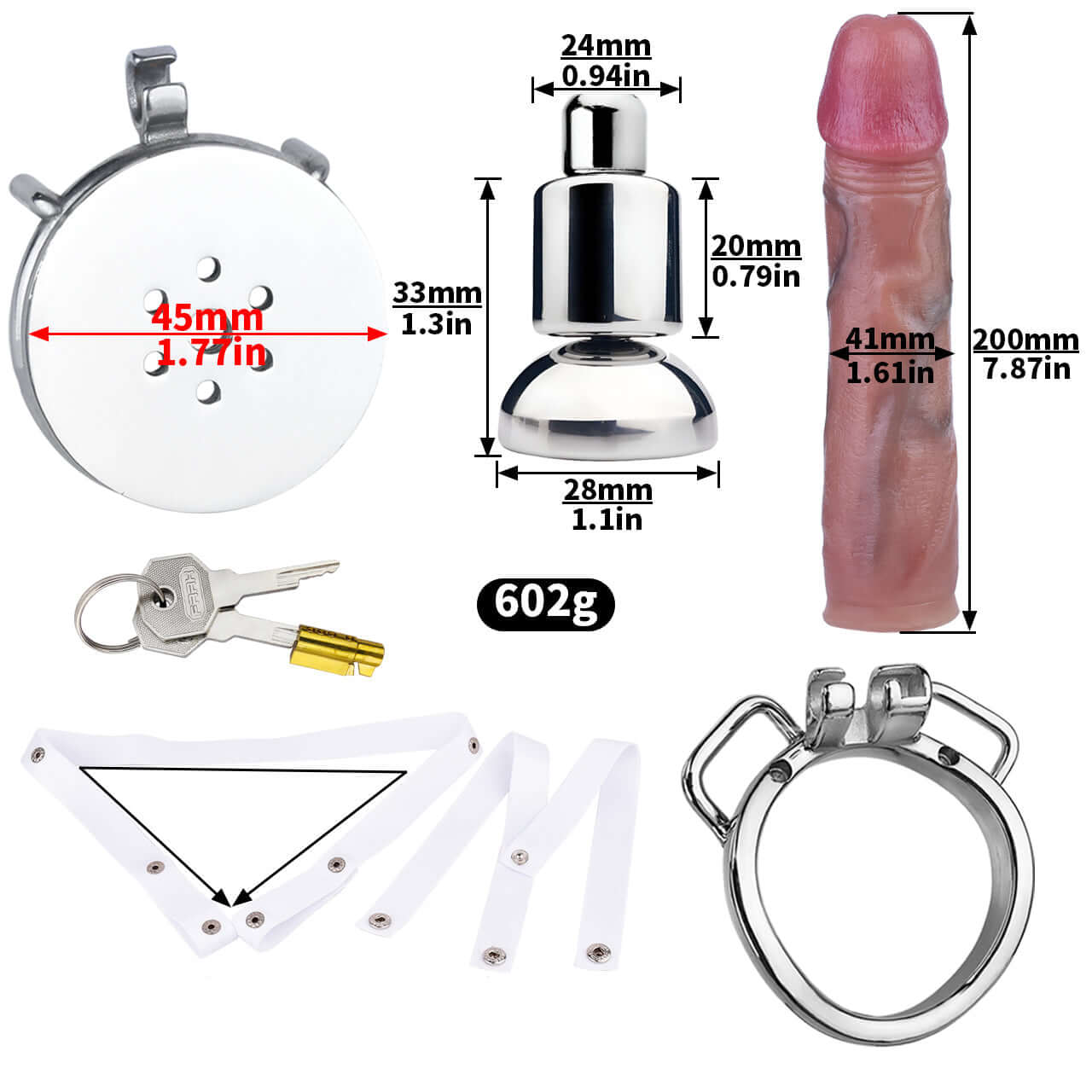 Metal chastity cage components including an attached dildo, lock, and straps for ultimate submission control.