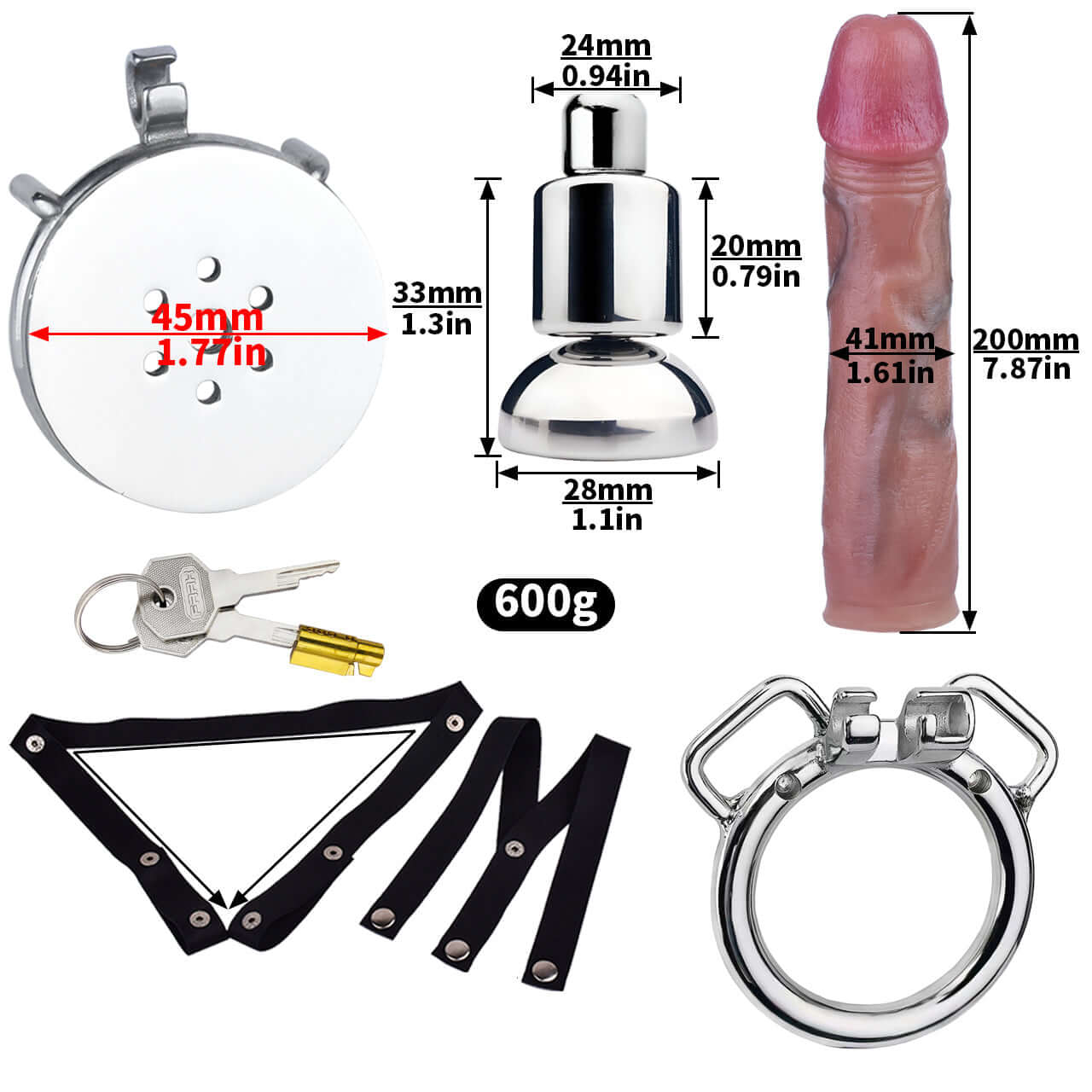 Metal chastity cage set featuring large attached dildo, lock, and accessories for submission and tease.