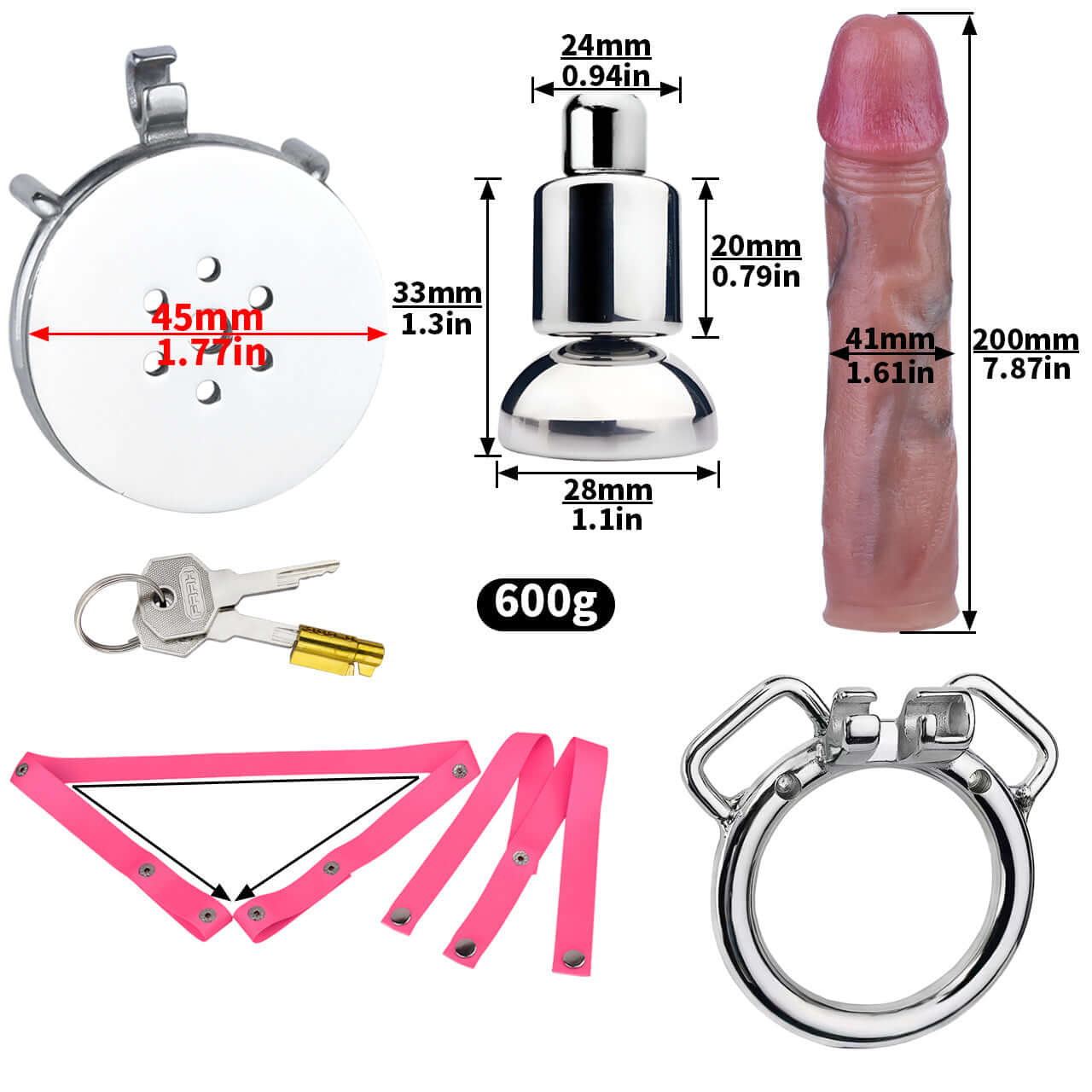 Image of a metal chastity cage with large dildo, key, and accessories, showcasing dimensions and features.