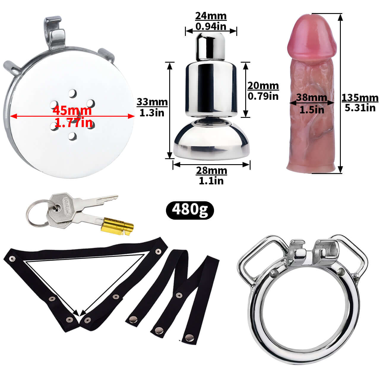 Metal Flat Chastity Cage with Medium Attached Dildo