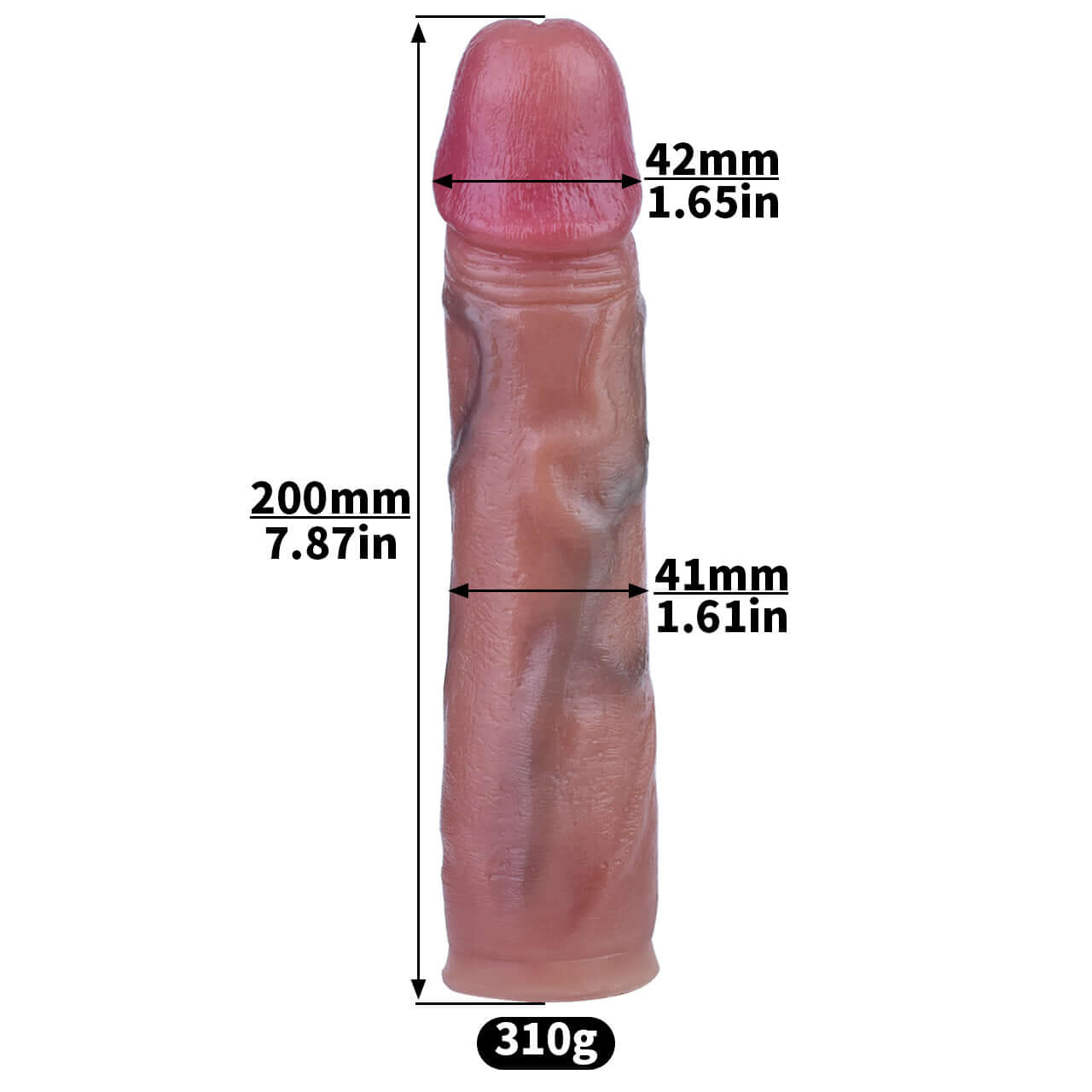 Detailed view of a large, realistic dildo with dimensions labeled for size reference, ideal for enhancing pleasure.