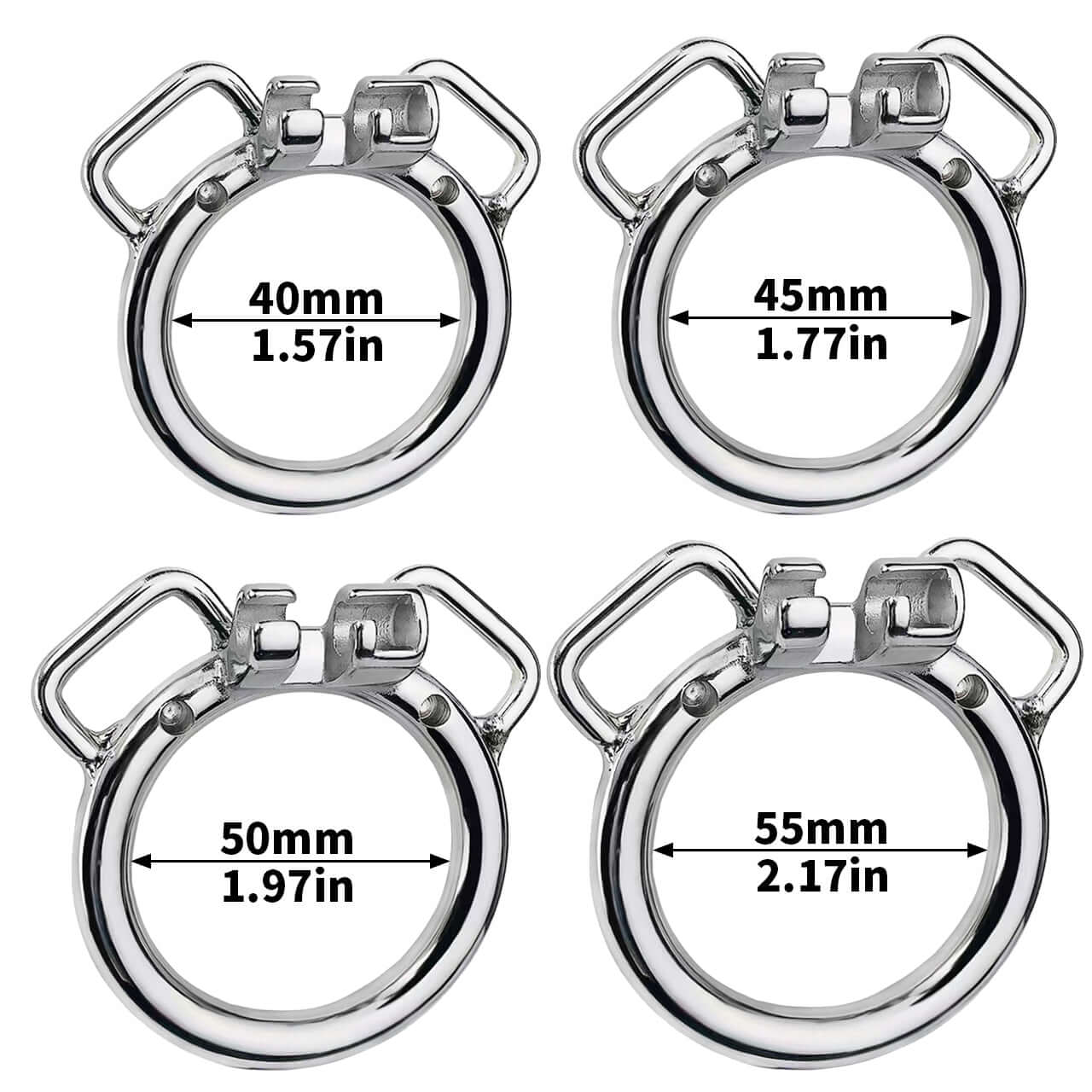 Set of four metal rings in varying sizes: 40mm, 45mm, 50mm, and 55mm for bondage or chastity needs.