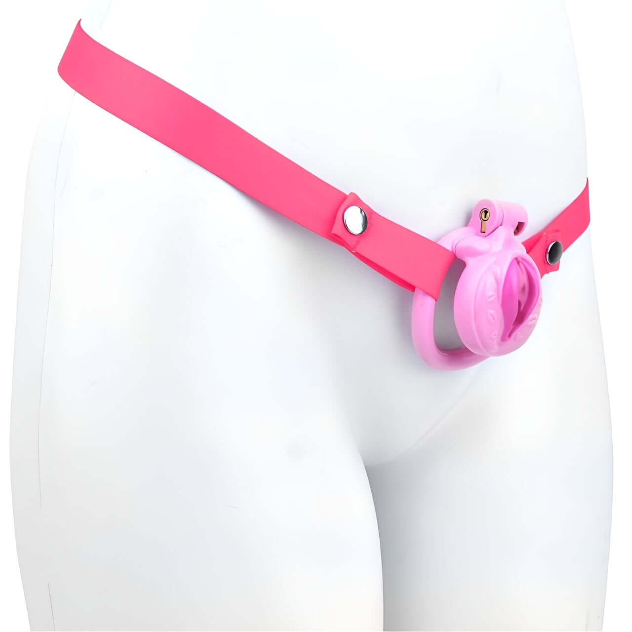 The pink chastity cage and flat chastity cage are the perfect addition to any femboy chastity collection." "Das rosa Chastity Cage und flaches Chastity Cage sind die perfekte Ergänzung für jede femboy Chastity Sammlung