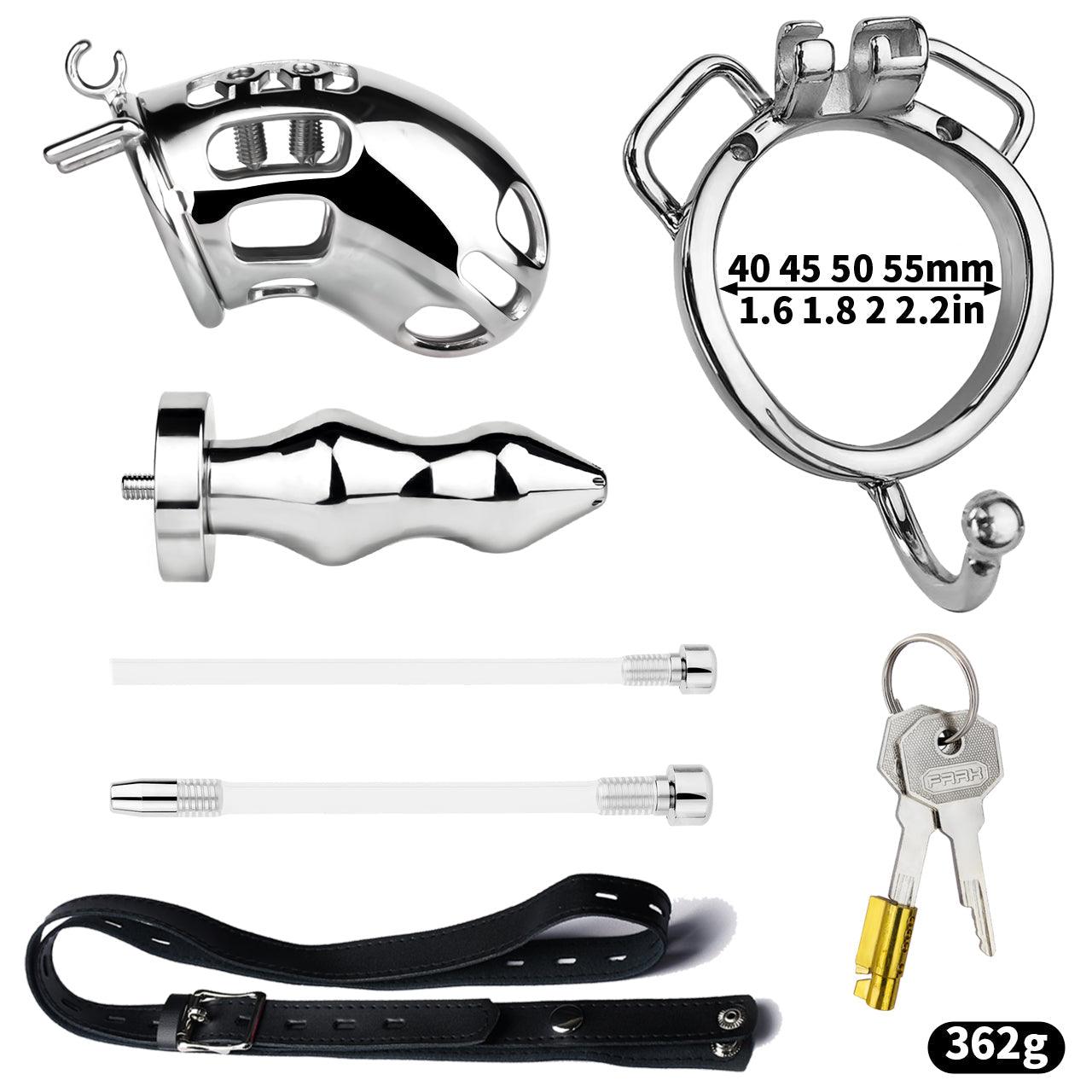 Harnröhren-Keuschheitskäfig mit Analplug aus Metall – Version mit Gürtelhalterung