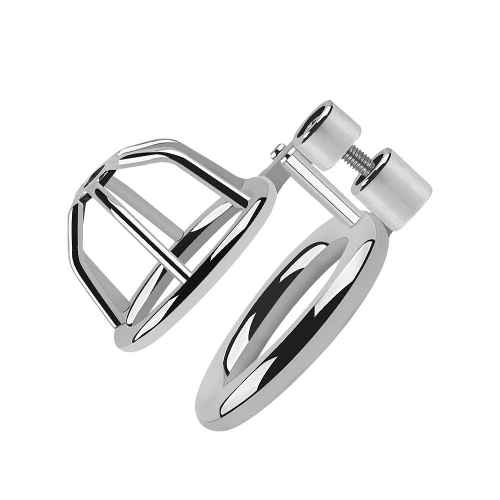 Side view of small stainless steel chastity cage