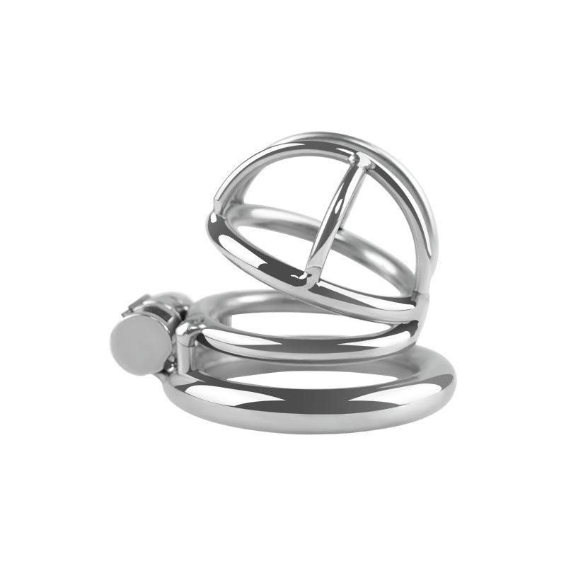 Small stainless steel chastity cage side view