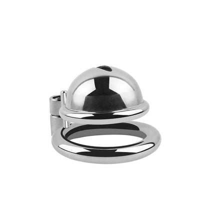 Compact stainless steel chastity cage, side view.