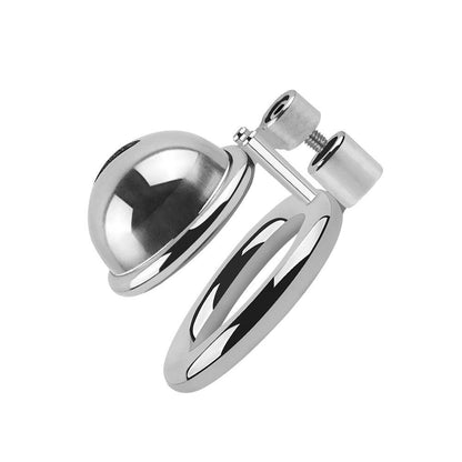 Stainless steel chastity cage with locking mechanism.