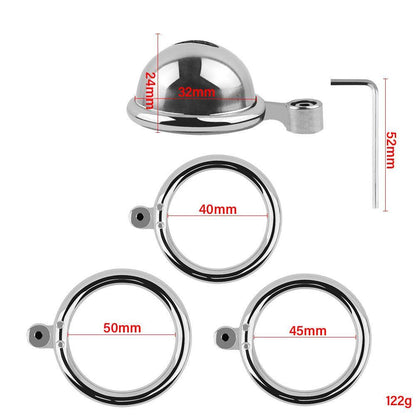 Chastity cage dimensions and ring sizes in stainless steel.