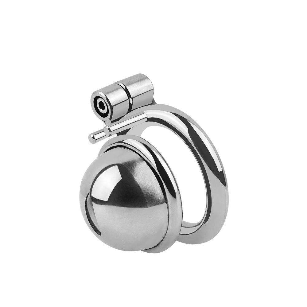 Small stainless steel chastity cage, ergonomic design.