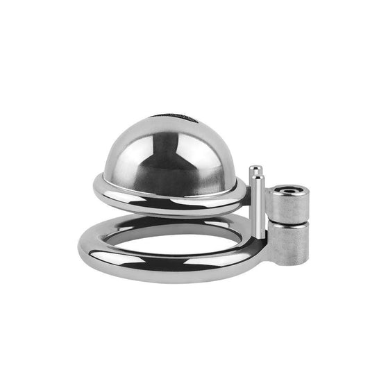 Stainless steel chastity cage with small pissing hole.