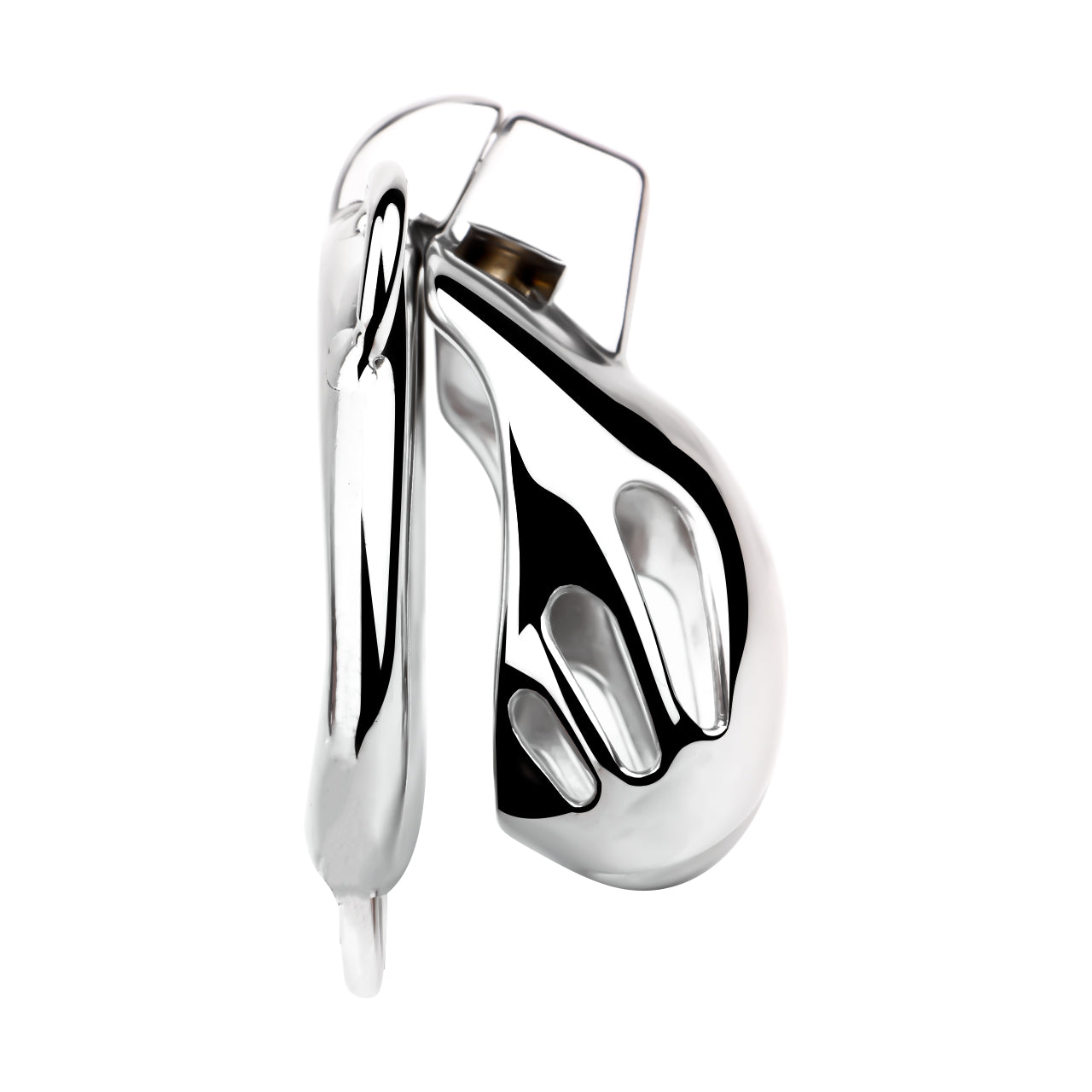 "Elegant and secure silver chastity device for male submission."