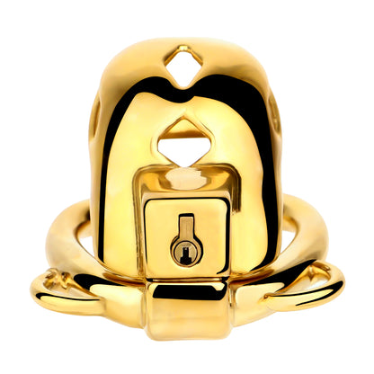 "Explore gay chastity with this premium gold cage."