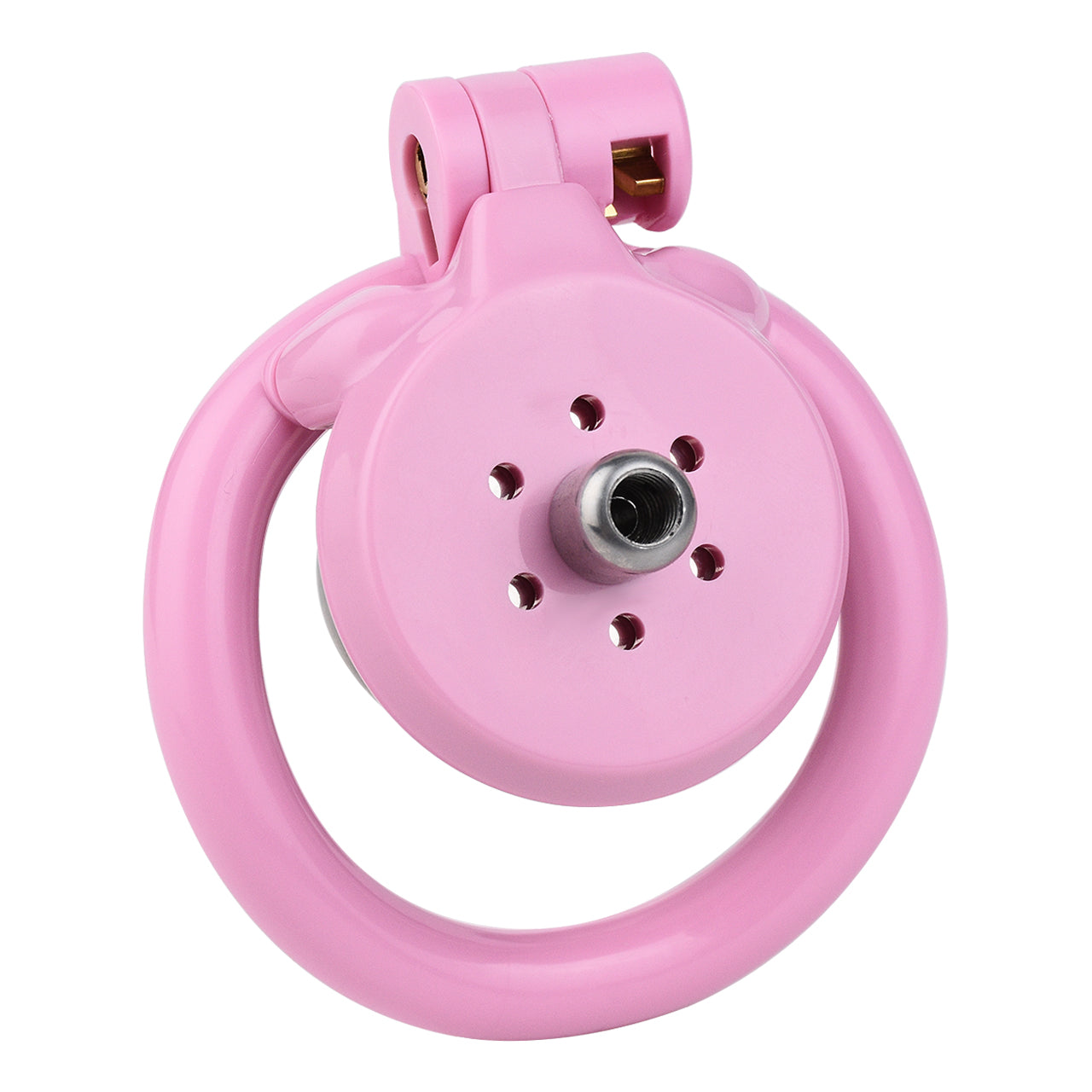 "Inverted chastity cage with a unique design, displayed with a stylish flat chastity cage and a vibrant pink chastity cage."