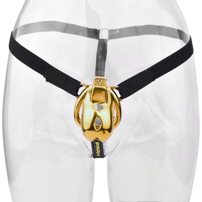 "Small, secure, and luxurious gold chastity device."