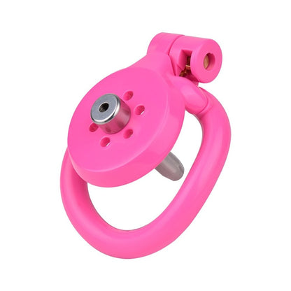 "Breathable pink chastity cage designed for long-term wear and chastity femdom play."