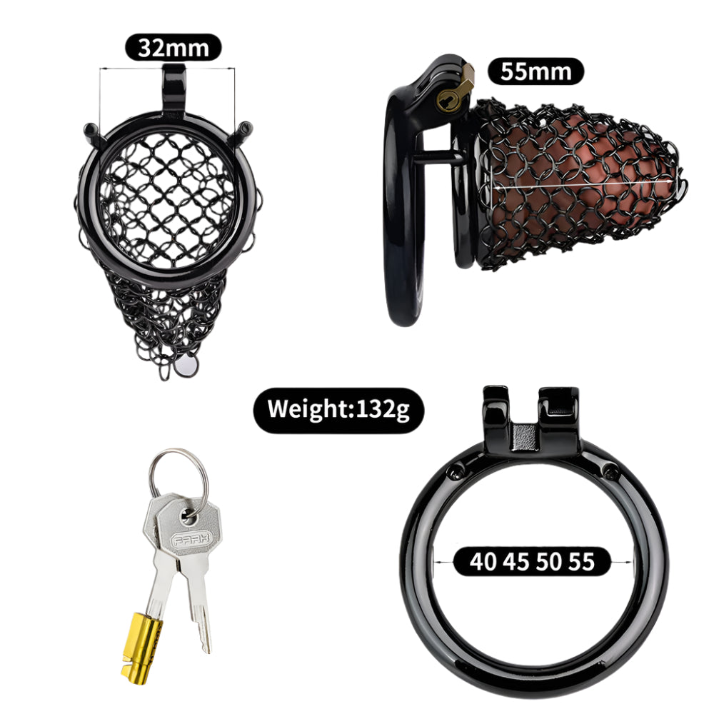 Metal chastity cage with breathable net, dimensions of 32mm and 55mm, key included, ideal for male chastity and femdom humiliation.