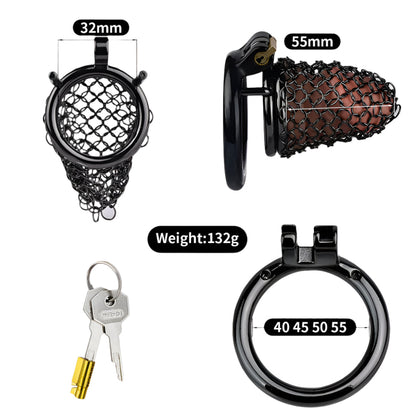 Metal chastity cage with breathable net, dimensions of 32mm and 55mm, key included, ideal for male chastity and femdom humiliation.