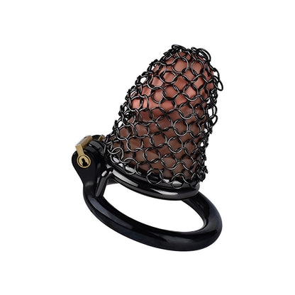 Metal chastity cage in black with breathable net design for male control and comfort.