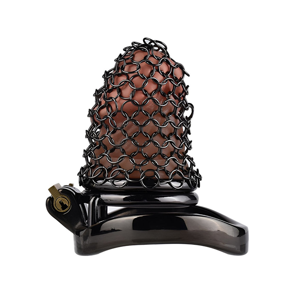 Metal chastity cage with breathable net design for male chastity, femdom humiliation, and secure control.