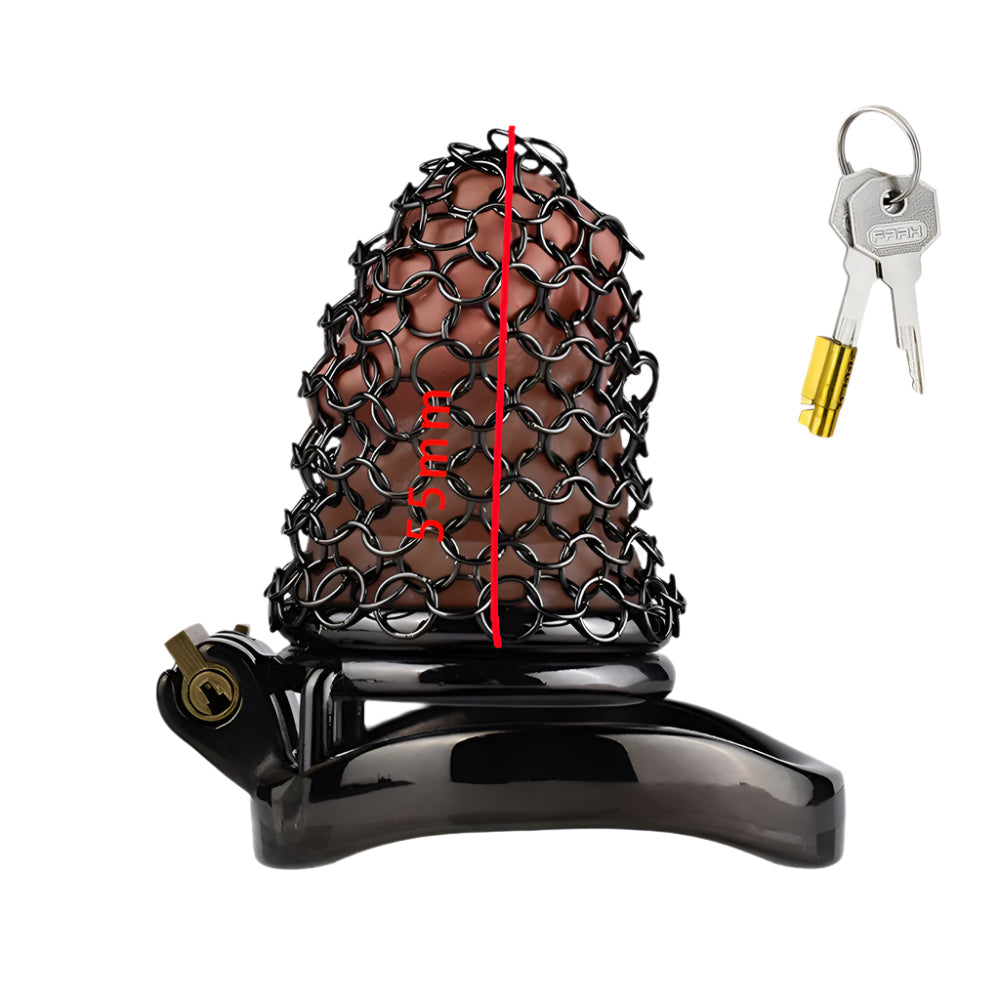 Metal chastity cage with breathable net, key included, designed for male chastity and femdom humiliation, size S, black.