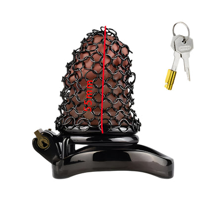 Metal chastity cage with breathable net, key included, designed for male chastity and femdom humiliation, size S, black.