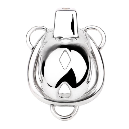 "Durable steel chastity cage with a stylish silver finish."