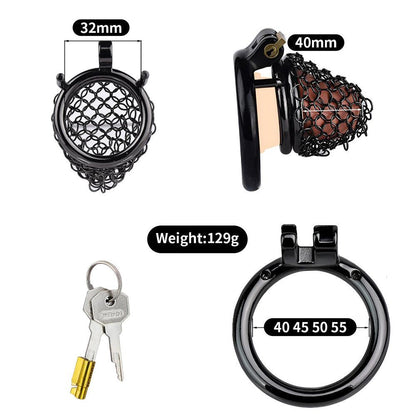 Metal chastity cage with breathable net design, sizes 32mm and 40mm, key included, weighing 129g for male chastity use.