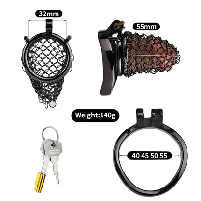 Black metal chastity cage with breathable net design, featuring key and size options for male chastity control.