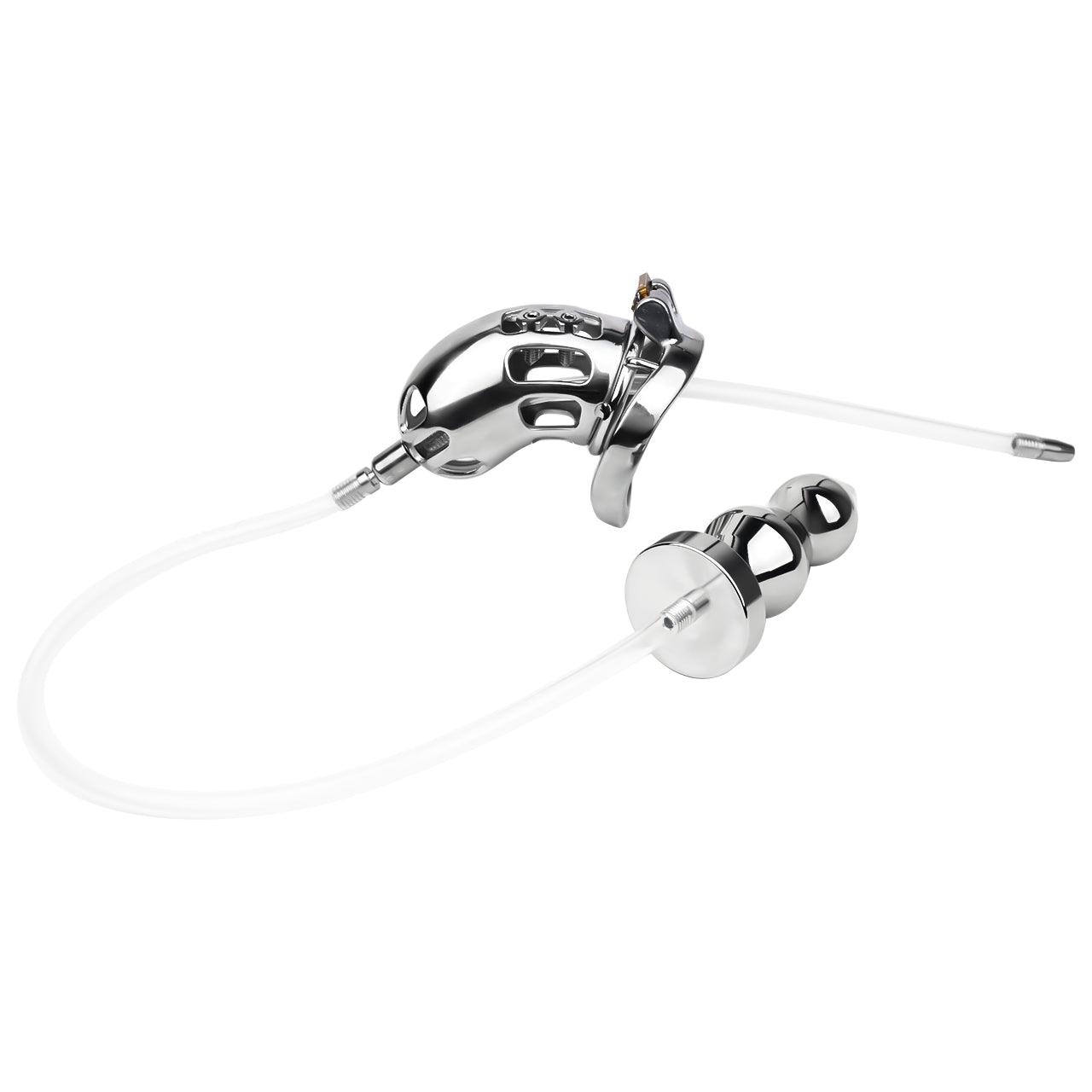 Guaranteed hygiene with a medical-grade chastity cage featuring a metal butt plug and catheter for pee play.