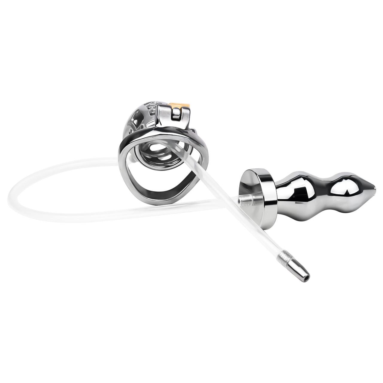 Indulge in forced chastity and golden showers with our medical-grade chastity cage and butt plug.