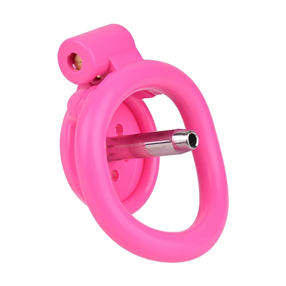 "Sleek pink chastity cage offering comfort and security for trans in chastity users."