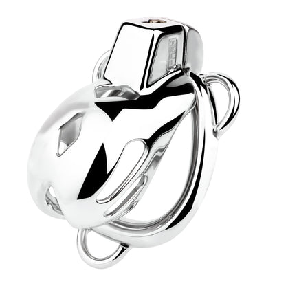 "Sleek silver metal chastity cage for ultimate male submission."