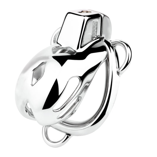 "Sleek silver metal chastity cage for ultimate male submission."