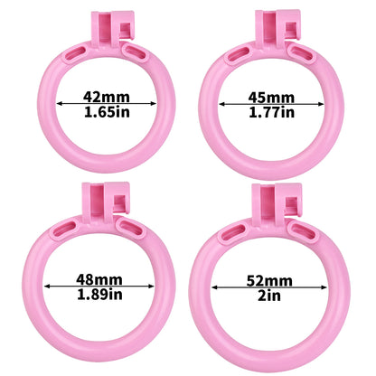 "A sleek flat chastity cage and bold inverted chastity cage paired with a vibrant pink chastity cage, designed for long-term chastity."