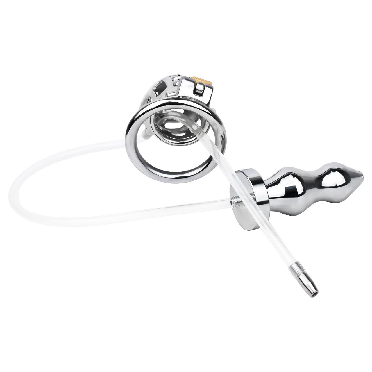 Explore your forced BDSM desires with a medical-grade chastity cage featuring a butt plug and catheter.