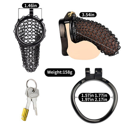 For those deep into femdom chastity, this male chastity cage is designed to lock you in place, perfect for cuckold training."  "Für diejenigen, die tief in Femdom Chastity sind, wurde dieses Male Chastity Cage entwickelt, um Sie an Ort und Stelle zu siche