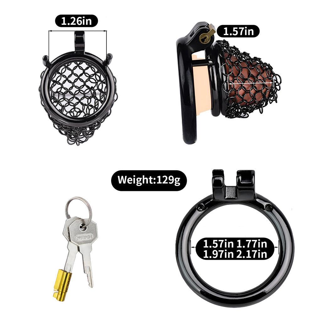 Metal chastity cage with breathable net design, key, and size details, ideal for femdom and cuckold play.