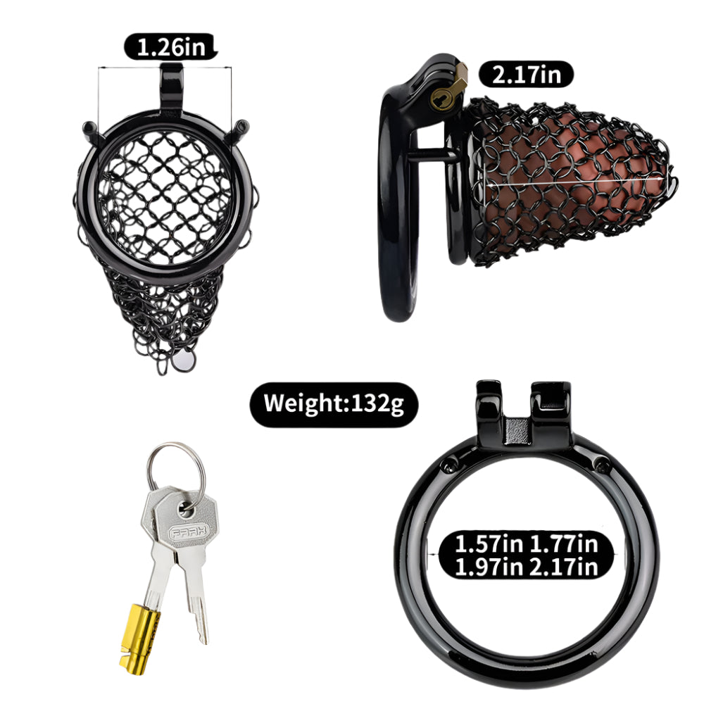 Metal chastity cage with breathable net design, key, and size details for male chastity and femdom use.