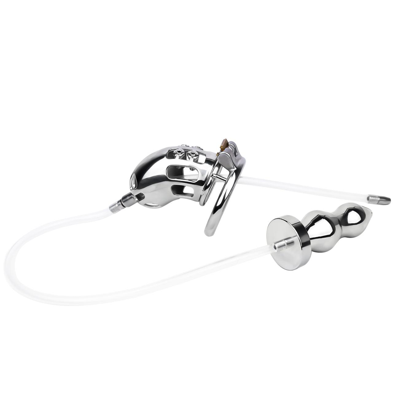 Experience extreme BDSM with a chastity cage and metal butt plug connected by a catheter for sexual watersports