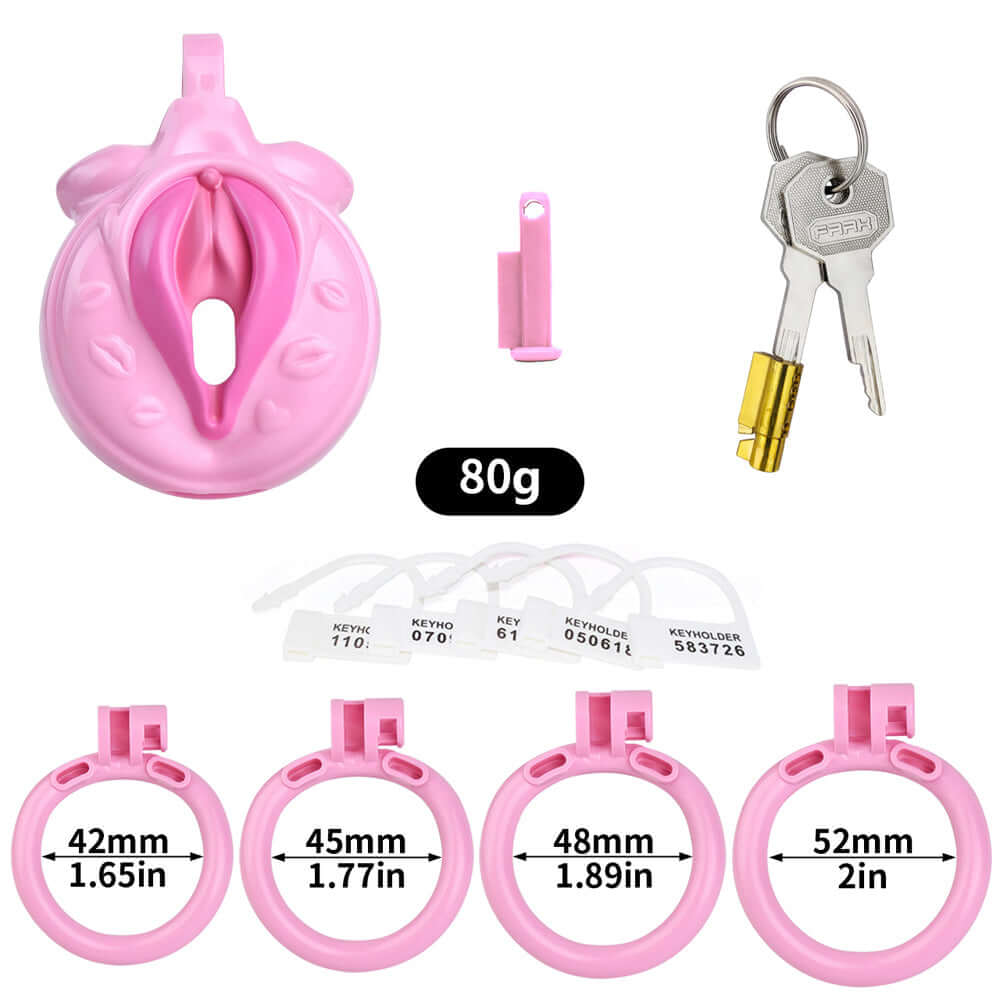 Femboy chastity has never been more stylish with this pink chastity cage and flat chastity cage combination."  "Femboy Chastity war noch nie so stilvoll mit dieser Kombination aus rosa Chastity Cage und flachem Chastity Cage.