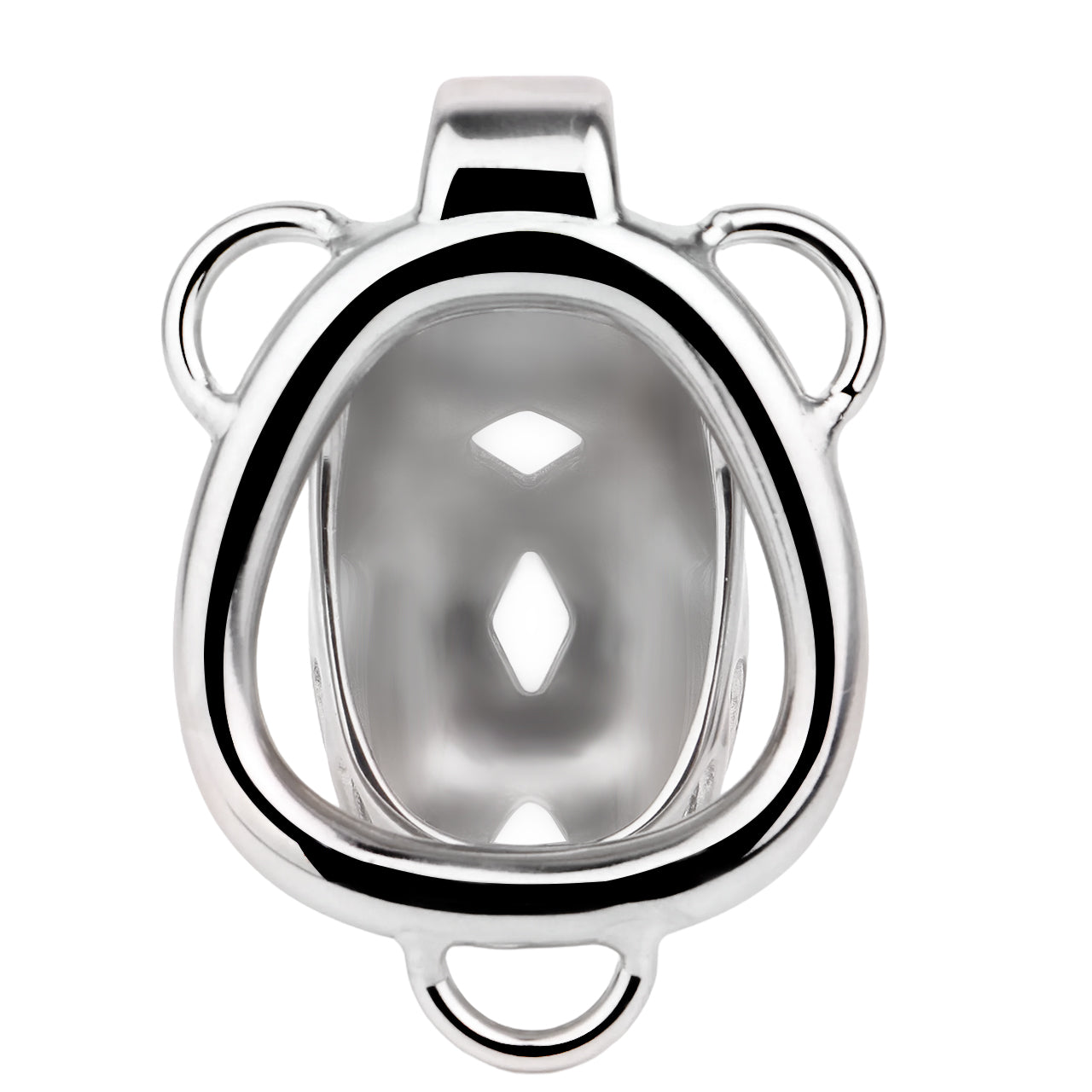 "Small silver chastity cage designed for discreet wear and control."