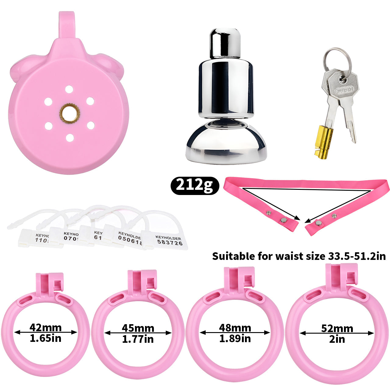 "Flat chastity cage crafted for extended wear, paired with an inverted chastity cage and colorful pink chastity cage for fun play."