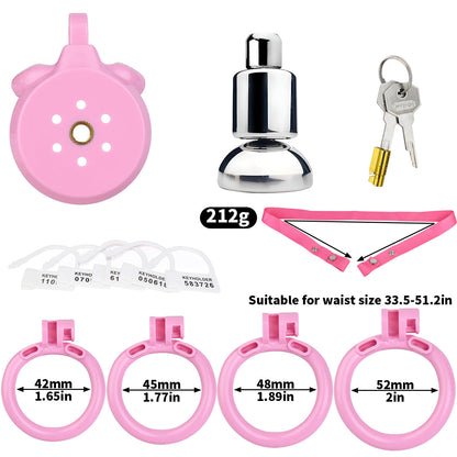 "Flat chastity cage crafted for extended wear, paired with an inverted chastity cage and colorful pink chastity cage for fun play."