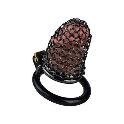 Metal chastity cage in black with breathable net design for comfort and control, ideal for male chastity and femdom.