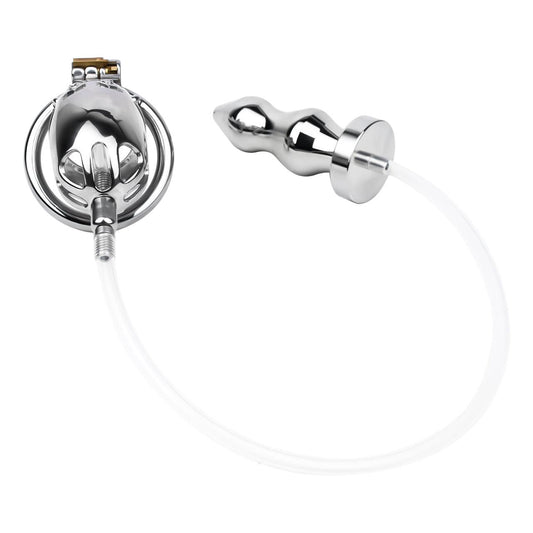 Medical-grade urethral chastity cage with a metal butt plug and catheter for piss kink, golden showers, and BDSM play