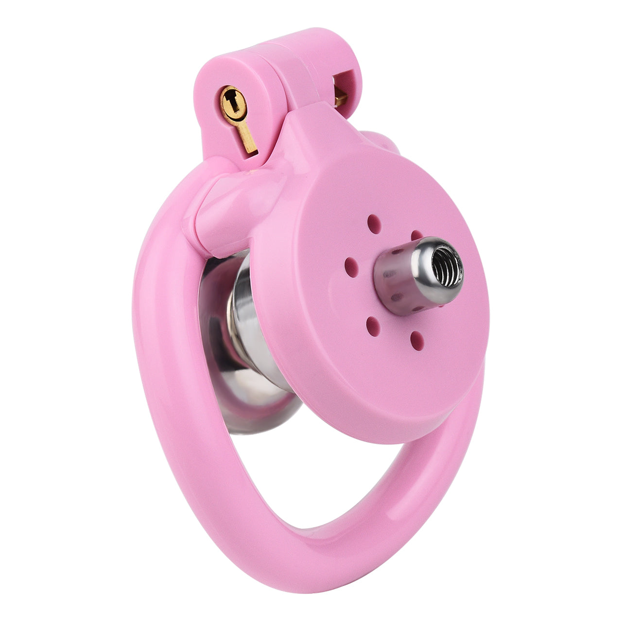 "Close-up of a flat chastity cage and pink chastity cage, showcasing ergonomic designs for long-term comfort."